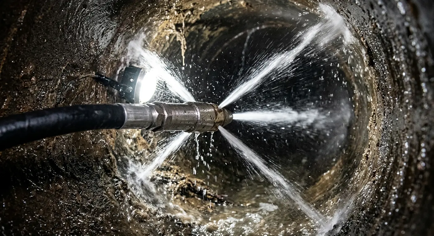 High-pressure hydro jetting nozzle cleaning sewer pipe for Sewer Cleanout in Richland
