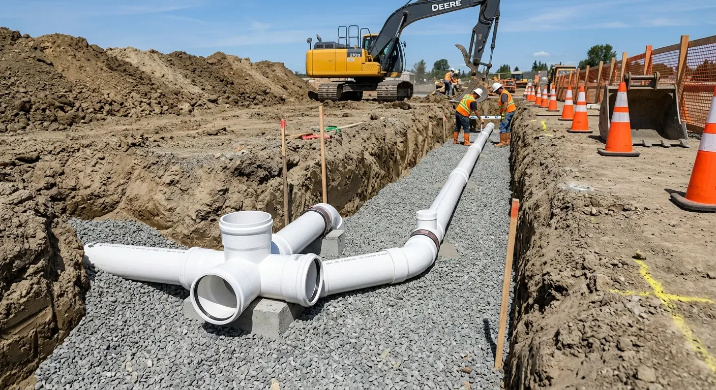 New PVC sewer pipe installation in open trench for Sewer Backup in Richland