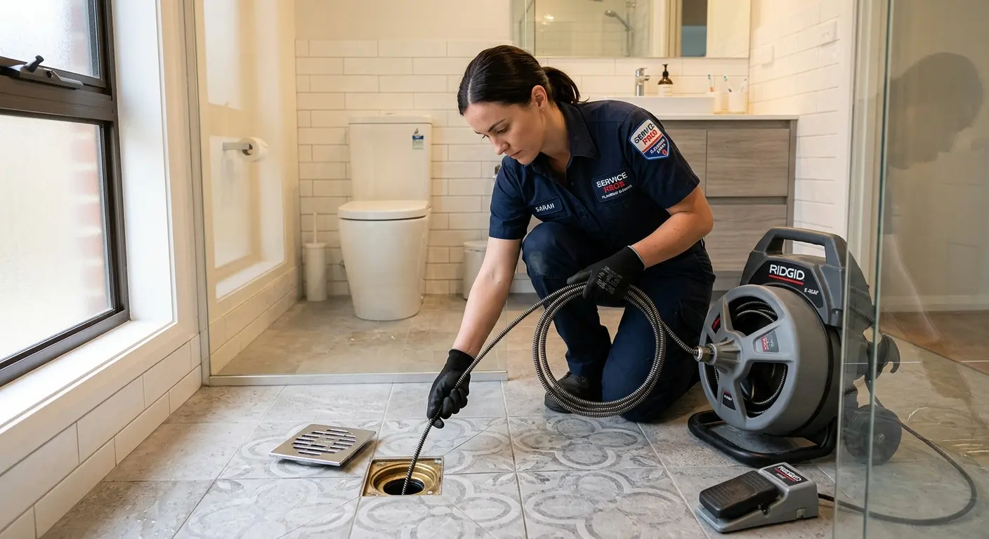 Technician clearing a bathroom floor drain for Drain Repair in Richland